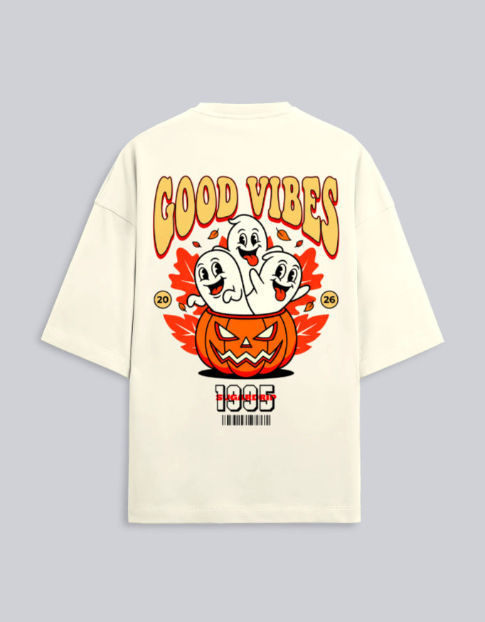 Sugardrip Good Vibes unisex oversized terry tee, back print graphic, Bright Terry collection