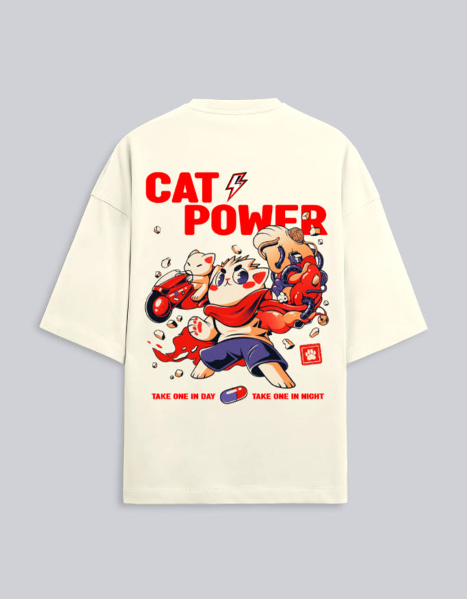 Sugardrip Cat Power unisex oversized terry tee, back print graphic, Bright Terry collection